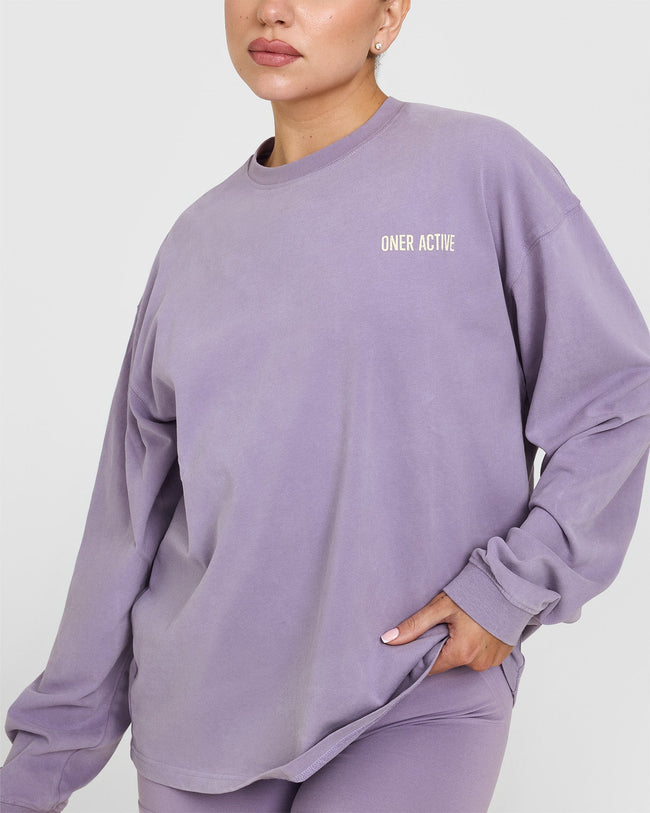 Oversized Graphic Washed Long Sleeve Top | Soft Purple