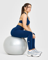 Effortless Seamless Leggings with White Logo | Midnight