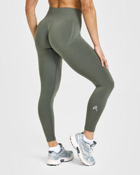 Effortless Seamless Leggings with White Logo | Dark Khaki