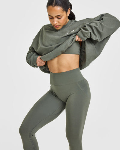 Effortless Seamless Leggings with White Logo | Dark Khaki