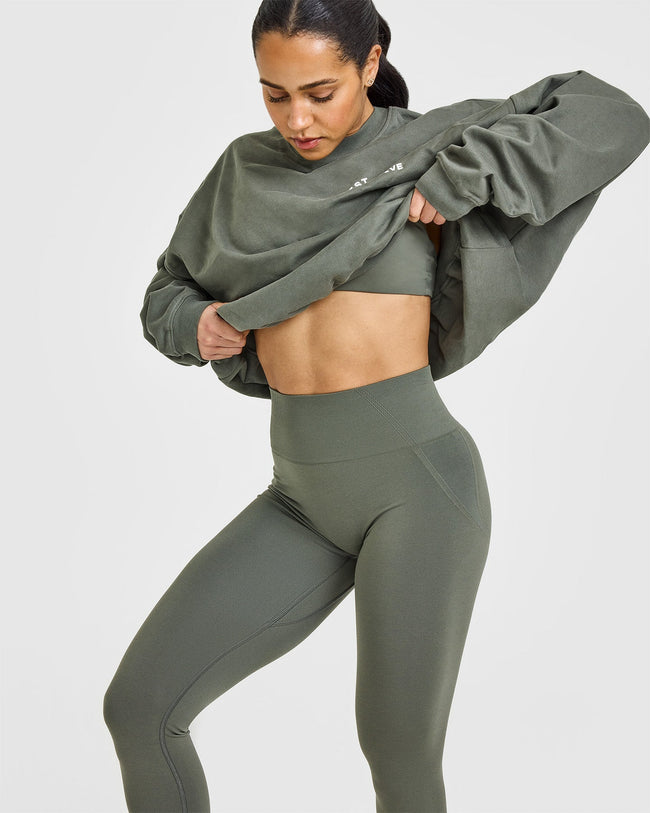 Effortless Seamless Leggings with White Logo | Dark Khaki
