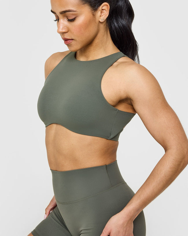 SoftMotion™ High Neck Sports Bra with White Logo | Dark Khaki