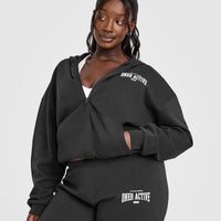 Lightweight Zip Through Hoodie With Athletic Graphic | Soft Black