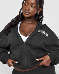 Lightweight Zip Through Hoodie With Athletic Graphic | Soft Black