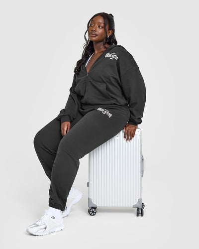 Lightweight Zip Through Hoodie With Athletic Graphic | Soft Black