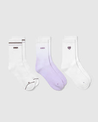 Oner Heart Crew Socks 3 Pack | White/Lavender
