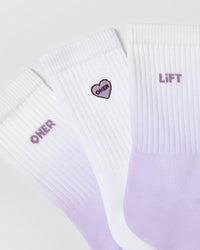 Oner Heart Crew Socks 3 Pack | White/Lavender
