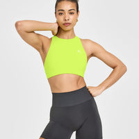 EasyLift™ High Neck Sports Bra with White Logo | Charged Lime Green