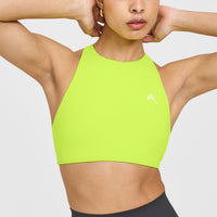 EasyLift™ High Neck Sports Bra with White Logo | Charged Lime Green