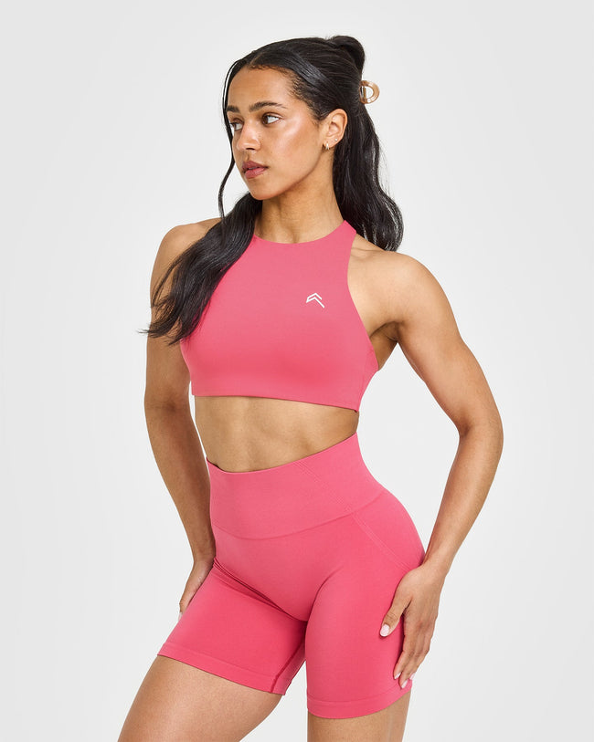EasyLift™ High Neck Sports Bra with White Logo | Velvet Pink