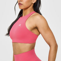 EasyLift™ High Neck Sports Bra with White Logo | Velvet Pink