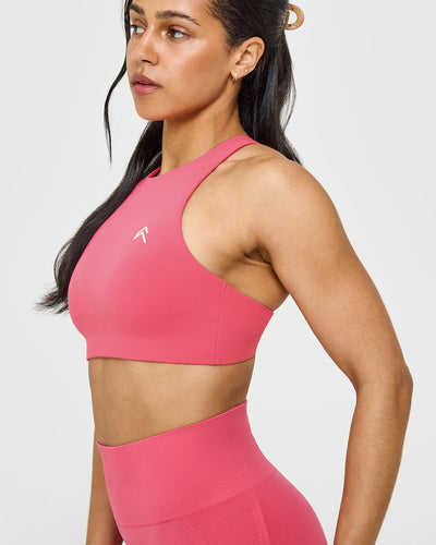 EasyLift™ High Neck Sports Bra with White Logo | Velvet Pink
