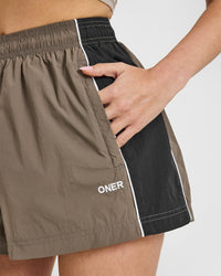 Oversized Piped Woven Track Shorts | Moss Brown