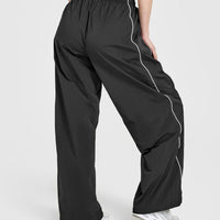 Oversized Piped Woven Straight Leg Track Bottoms | Soft Black