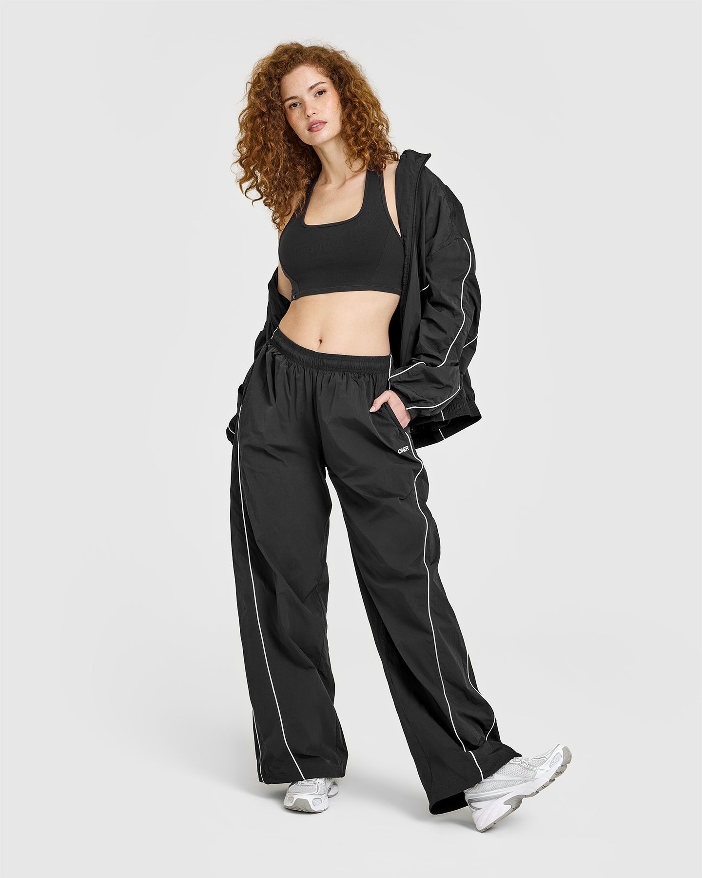 Oversized Piped Woven Straight Leg Track Bottoms | Soft Black