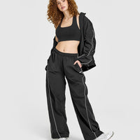 Oversized Piped Woven Straight Leg Track Bottoms | Soft Black