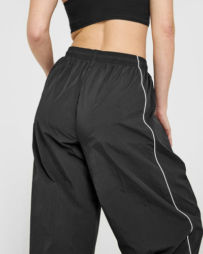Oversized Piped Woven Straight Leg Track Bottoms | Soft Black