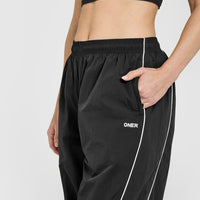 Oversized Piped Woven Straight Leg Track Bottoms | Soft Black