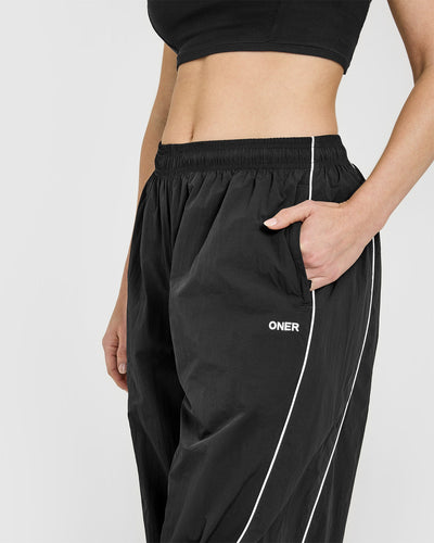 Oversized Piped Woven Straight Leg Track Bottoms | Soft Black