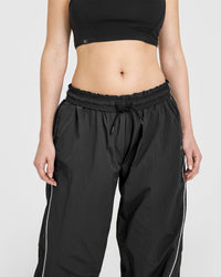Oversized Piped Woven Straight Leg Track Bottoms | Soft Black