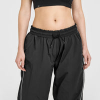 Oversized Piped Woven Straight Leg Track Bottoms | Soft Black