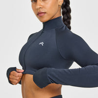 EnhanceLift™ Seamless Crop Jacket with White Logo | True Blue