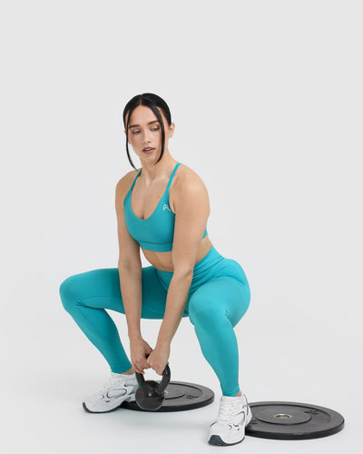 Effortless Seamless Leggings with White Logo | Aqua Blue