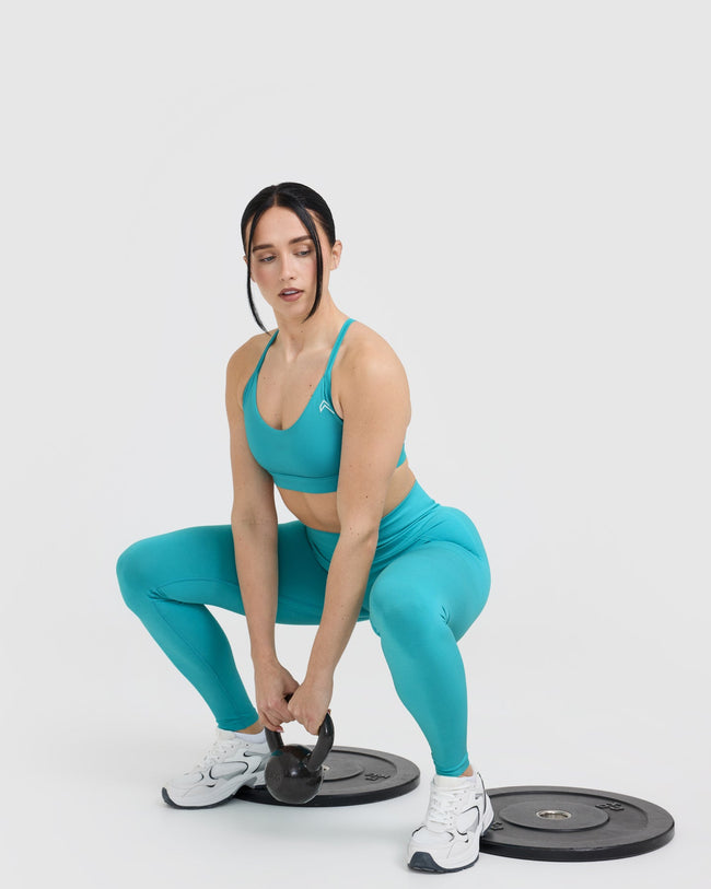 Effortless Seamless Leggings with White Logo | Aqua Blue