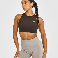 EasyLift™ High Neck Sports Bra with White Logo | 70% Cocoa