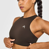 EasyLift™ High Neck Sports Bra with White Logo | 70% Cocoa
