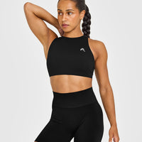 EasyLift™ High Neck Sports Bra with White Logo | Black