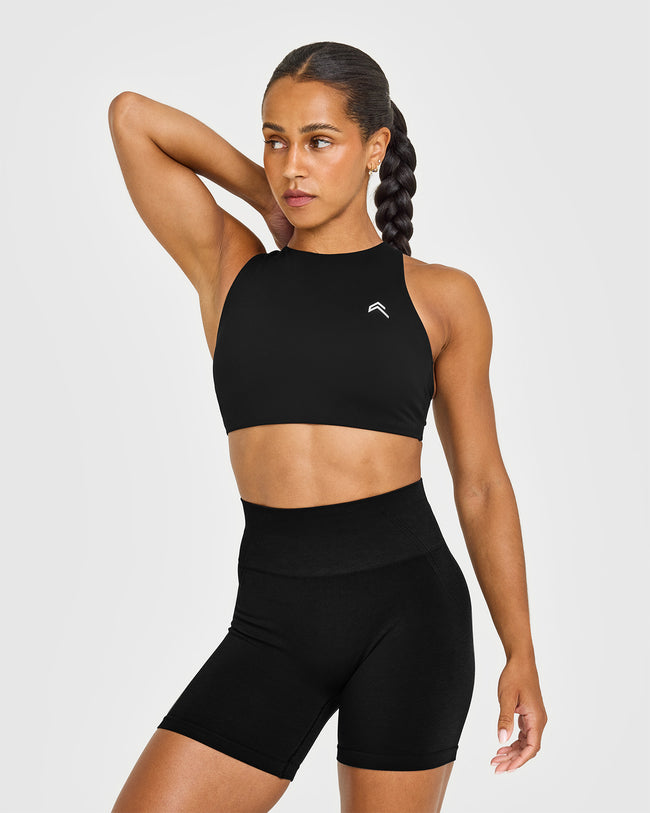 EasyLift™ High Neck Sports Bra with White Logo | Black