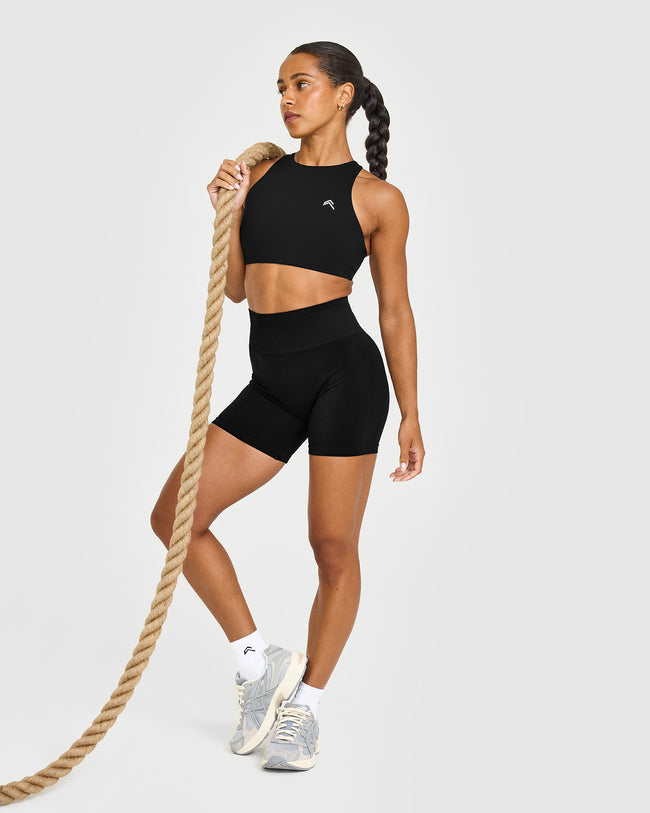 EasyLift™ High Neck Sports Bra with White Logo | Black