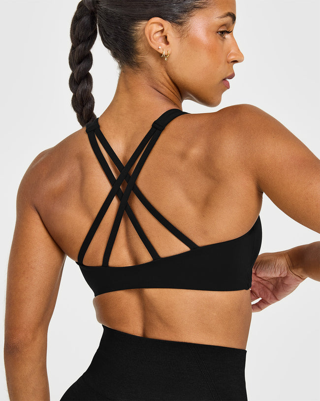 EasyLift™ High Neck Sports Bra with White Logo | Black