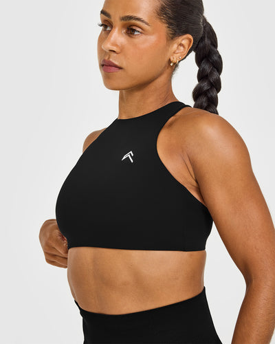 EasyLift™ High Neck Sports Bra with White Logo | Black