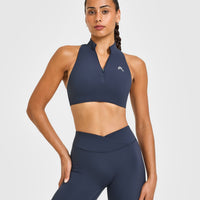 EasyLift™ Zip High Neck Sports Bra with White Logo | True Blue