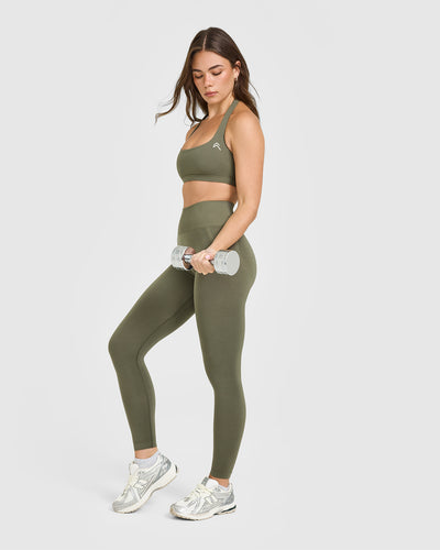 Effortless Seamless Leggings with White Logo | Alpine Green