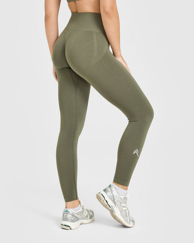 Effortless Seamless Leggings with White Logo | Alpine Green