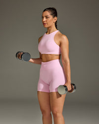 EasyLift™ High Neck Sports Bra with White Logo | Chalk Pink
