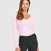 Mellow™ Rib V Neck Mid Long Sleeve Top | Chalk Pink