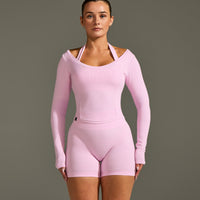 Mellow™ Rib V Neck Mid Long Sleeve Top | Chalk Pink