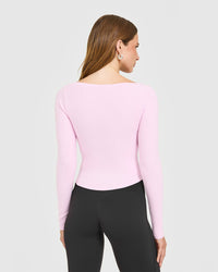 Mellow™ Rib V Neck Mid Long Sleeve Top | Chalk Pink
