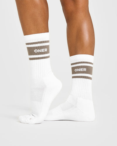 Varsity Long Crew Socks 1 Pack | White/Moss Brown