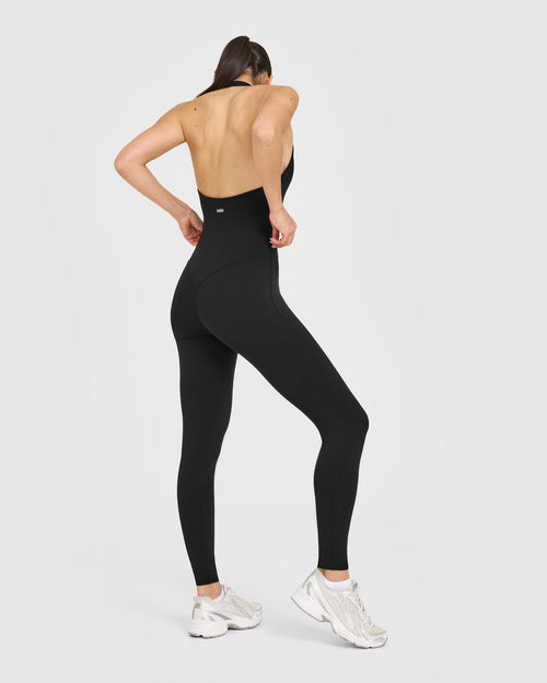 SoftMotionâ„¢ Halter Neck All In One Long with White Logo | Black