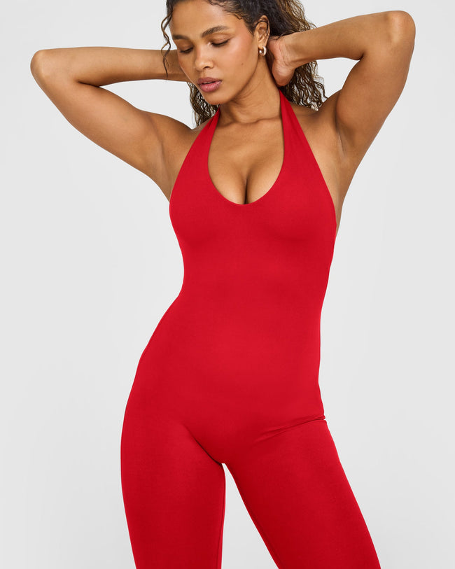 SoftMotion™ Halter Neck All In One Long with White Logo | Light Toasted Red