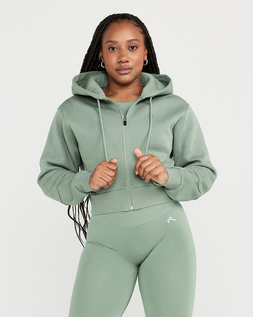 Oner Modal Classic Lounge Cropped Zip Through Hoodie | Sage