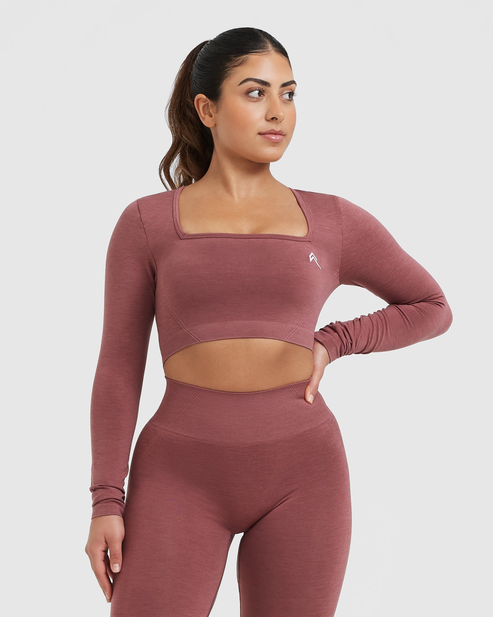 Effortless Square Neck Crop Long Sleeve Top with White Logo | Berry