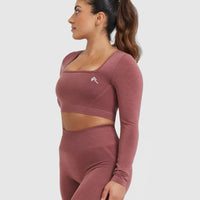 Effortless Square Neck Crop Long Sleeve Top with White Logo | Berry
