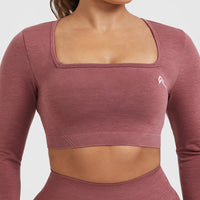 Effortless Square Neck Crop Long Sleeve Top with White Logo | Berry