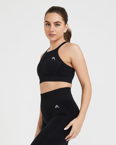 Effortless Seamless High Neck Bralette with White Logo | Black